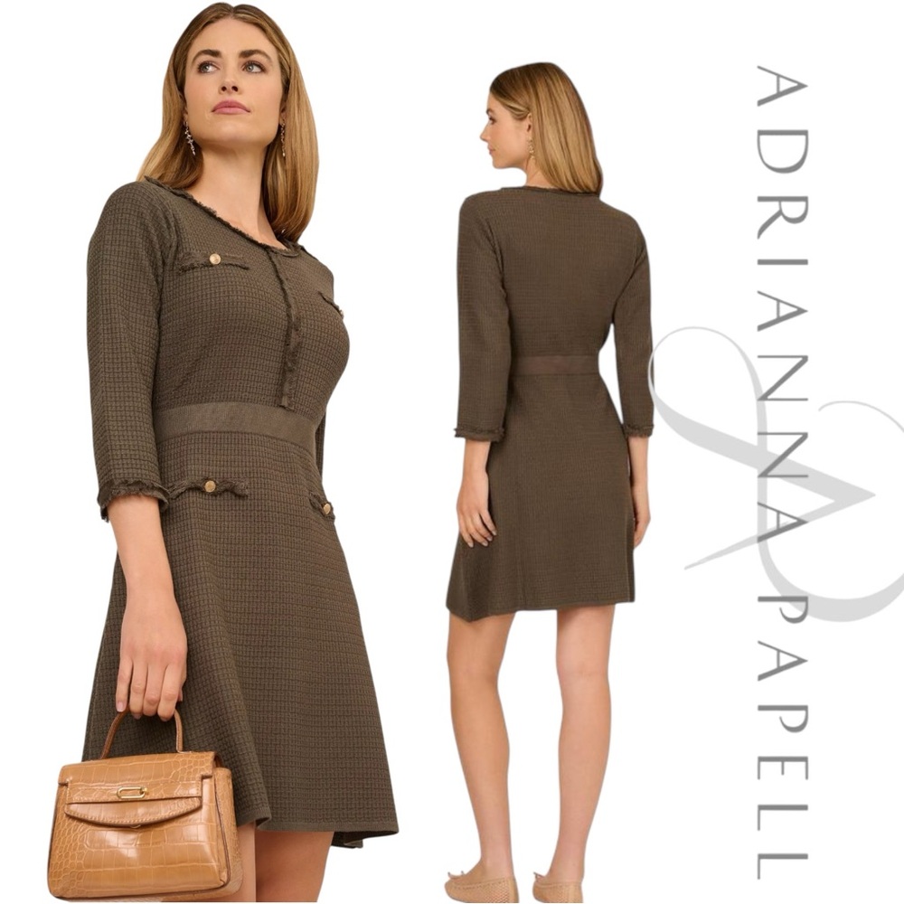 NWT Adrianna Papell Dress Women Waffle Knit Three Quarter Sleeve Fatigue, size M - Picture 3 of 11